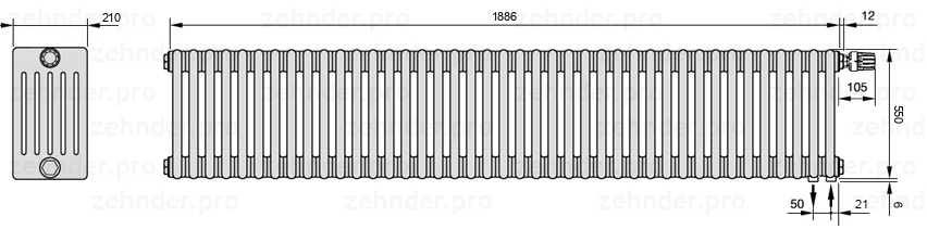 Схема (чертеж) Радиатор Zehnder Charleston 6055/41 №V002 Белый глянцевый RAL 9016